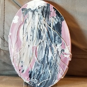 Original Mixed Media Art Oval Canvas Hot Glue Pink
